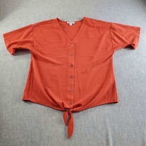 Counterparts Top Womens Medium Orange Blouse Short Sleeve Knot Hem Button Front